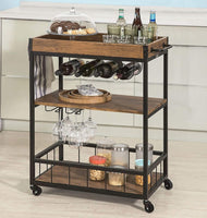 Industrial Vintage Style Wood Metal 3 Tiers Kitchen Serving Trolley with Wine Rack (Brown) Furniture Kings Warehouse