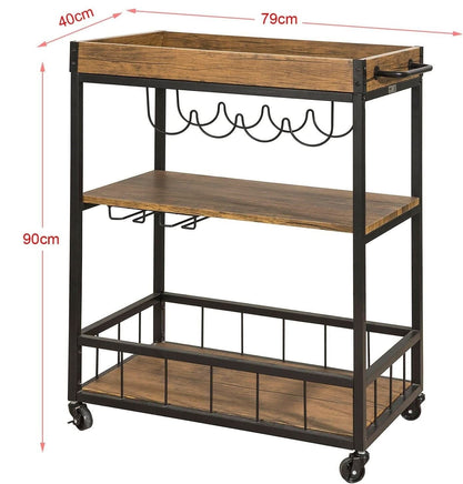 Industrial Vintage Style Wood Metal 3 Tiers Kitchen Serving Trolley with Wine Rack (Brown) Furniture Kings Warehouse