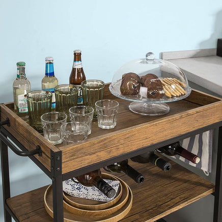 Industrial Vintage Style Wood Metal 3 Tiers Kitchen Serving Trolley with Wine Rack (Brown) Furniture Kings Warehouse