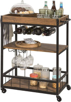 Industrial Vintage Style Wood Metal 3 Tiers Kitchen Serving Trolley with Wine Rack (Brown) Furniture Kings Warehouse