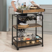 Industrial Vintage Style Wood Metal 3 Tiers Kitchen Serving Trolley with Wine Rack (Brown) Furniture Kings Warehouse