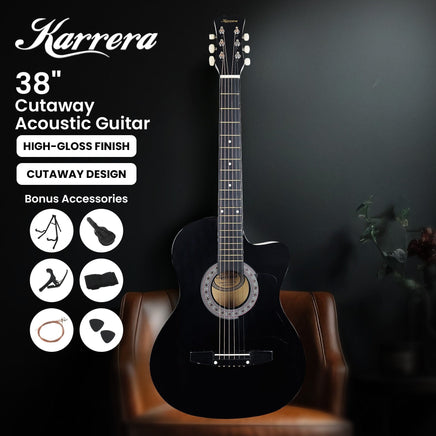 Karrera 38in Pro Cutaway Acoustic Guitar with Carry Bag - Black Audio & Video Kings Warehouse