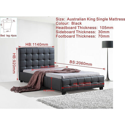 King Single PU Leather Deluxe Bed Frame Black Kings Warehouse