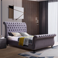King Size Sleigh Bedframe Velvet Upholstery Grey Colour Tufted Headboard And Footboard Deep Quilting Furniture Kings Warehouse