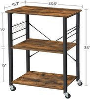 Kitchen Baker's Rack, 3-Tier Serving Cart with Metal Frame and 6 Hooks, Rustic Brown Furniture Kings Warehouse