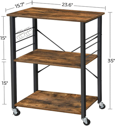Kitchen Baker's Rack, 3-Tier Serving Cart with Metal Frame and 6 Hooks, Rustic Brown Furniture Kings Warehouse