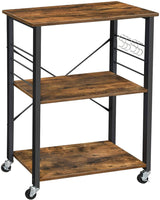 Kitchen Baker's Rack, 3-Tier Serving Cart with Metal Frame and 6 Hooks, Rustic Brown Furniture Kings Warehouse