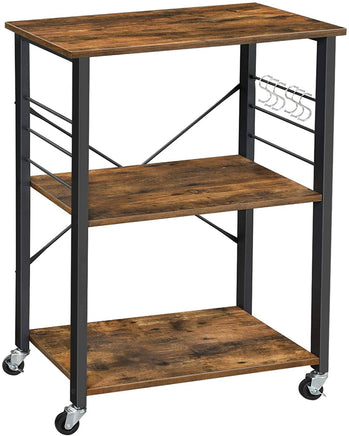 Kitchen Baker's Rack, 3-Tier Serving Cart with Metal Frame and 6 Hooks, Rustic Brown Furniture Kings Warehouse