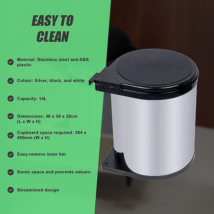 Kitchen Swing Pull Out Bin Stainless Steel Garbage Rubbish Waste Trash Can 14L Home & Garden Kings Warehouse