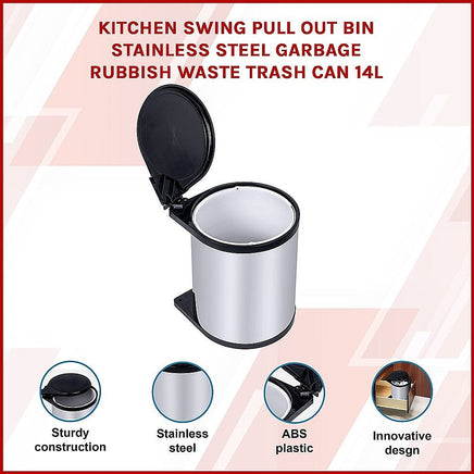Kitchen Swing Pull Out Bin Stainless Steel Garbage Rubbish Waste Trash Can 14L Home & Garden Kings Warehouse