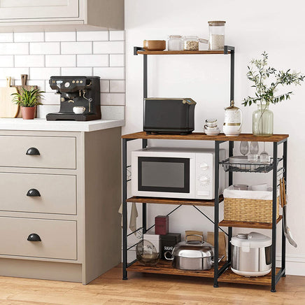 Kithcen Baker's Rack with Shelves Microwave Stand with Wire Basket and 6 S-Hooks Rustic Brown Furniture Kings Warehouse