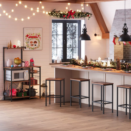 Kithcen Baker's Rack with Shelves Microwave Stand with Wire Basket and 6 S-Hooks Rustic Brown Furniture Kings Warehouse