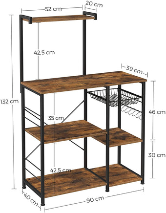 Kithcen Baker's Rack with Shelves Microwave Stand with Wire Basket and 6 S-Hooks Rustic Brown Furniture Kings Warehouse