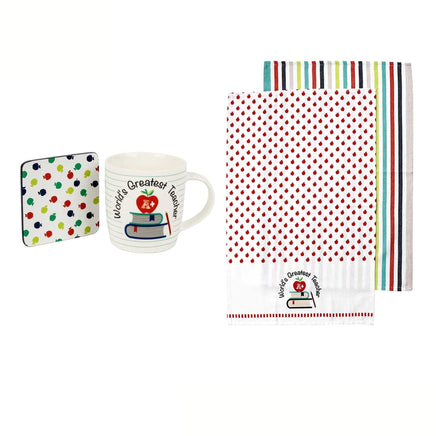 Ladelle World's Greatest Teacher Mug & Coaster & Tea Towels Home & Garden Kings Warehouse