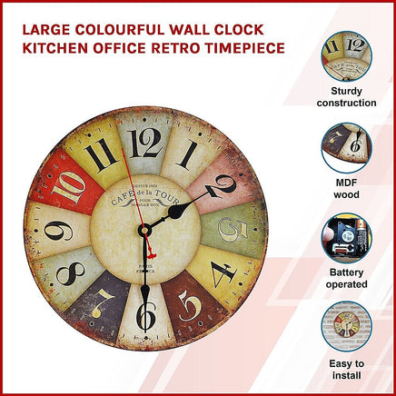 Large Colourful Wall Clock Kitchen Office Retro Timepiece Kings Warehouse