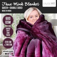 Laura Hill Mink Blanket Throw Purple Double Sided Queen Size Soft Plush Bed Faux Rug Kings Warehouse