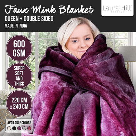 Laura Hill Mink Blanket Throw Purple Double Sided Queen Size Soft Plush Bed Faux Rug Kings Warehouse