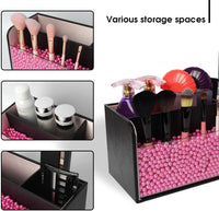 Leather Makeup Brush Cosmetic Organiser Storage Box with Pink Pearls, Acrylic Cover and 3 Compartments(Black) Kings Warehouse