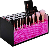 Leather Makeup Brush Cosmetic Organiser Storage Box with Pink Pearls, Acrylic Cover and 3 Compartments(Black) Kings Warehouse