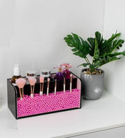 Leather Makeup Brush Cosmetic Organiser Storage Box with Pink Pearls, Acrylic Cover and 3 Compartments(Black) Kings Warehouse