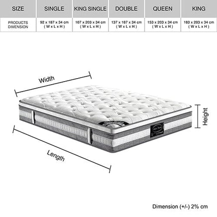 Mattress Euro Top King Single Size Pocket Spring Coil with Knitted Fabric Medium Firm 34cm Thick Furniture Kings Warehouse