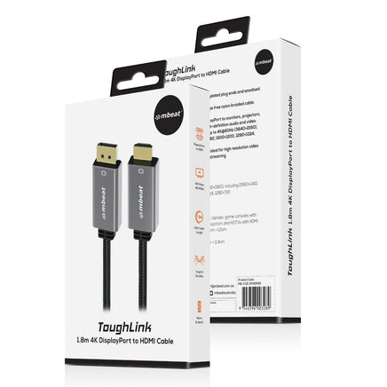 mbeat Tough Link 1.8m 4K/60Hz Display Port to HDMI Cable - Space Grey Appliances Kings Warehouse