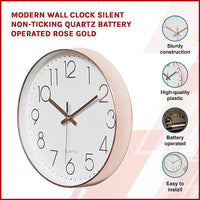 Modern Wall Clock Silent Non-Ticking Quartz Battery Operated Rose Gold Kings Warehouse