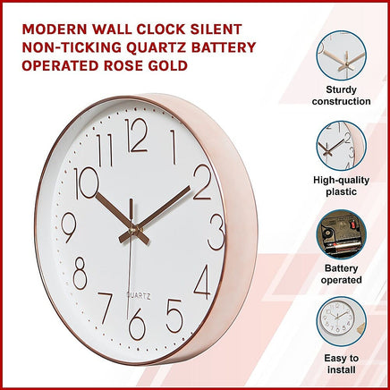 Modern Wall Clock Silent Non-Ticking Quartz Battery Operated Rose Gold Kings Warehouse