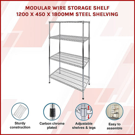 Modular Wire Storage Shelf 1200 x 450 x 1800mm Steel Shelving Furniture Kings Warehouse