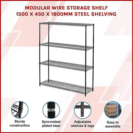 Modular Wire Storage Shelf 1500 x 450 x 1800mm Steel Shelving Furniture Kings Warehouse