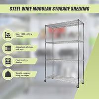 Modular Wire Storage Shelf 1500 x 450 x 1920mm Steel Shelving with Wheels Furniture Kings Warehouse