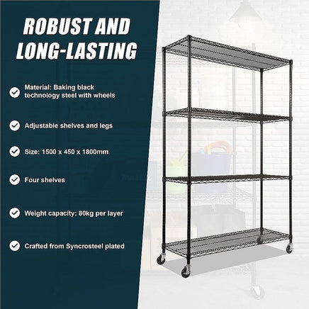 Modular Wire Storage Shelf 1500 x 450 x 1920mm Steel Shelving with Wheels Furniture Kings Warehouse
