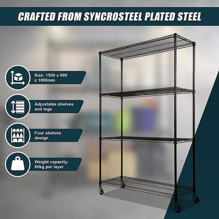Modular Wire Storage Shelf 1500 x 450 x 1920mm Steel Shelving with Wheels Furniture Kings Warehouse