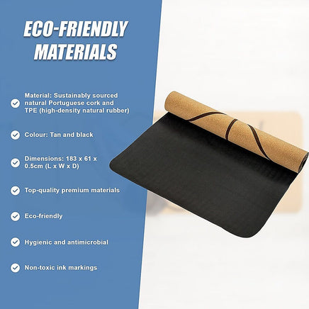 Natural Cork TPE Yoga Mat Sports Eco Friendly Exercise Fitness Gym Pilates Sports & Fitness Kings Warehouse