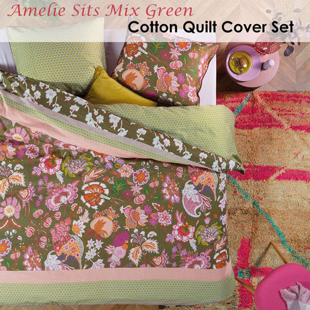Oilily Amelie Sits Mix Green Cotton Sateen Quilt Cover Set Queen Home & Garden Kings Warehouse