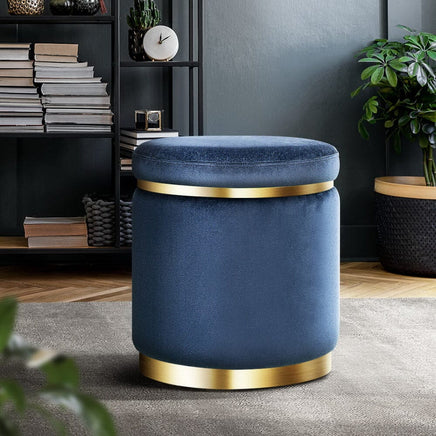 Ottoman Foot Stool Round Velvet Navy Furniture Kings Warehouse