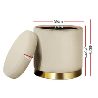 Ottoman Storage Foot Stool Round Velvet Cream Furniture Kings Warehouse
