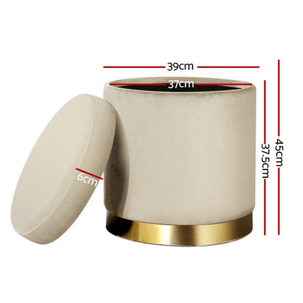 Ottoman Storage Foot Stool Round Velvet Cream Furniture Kings Warehouse