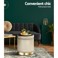 Ottoman Storage Foot Stool Round Velvet Cream Furniture Kings Warehouse