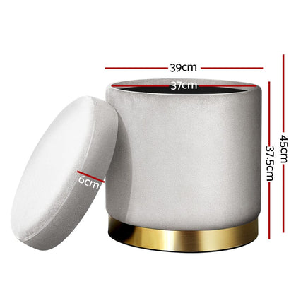 Ottoman Storage Foot Stool Round Velvet Grey Furniture Kings Warehouse