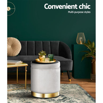 Ottoman Storage Foot Stool Round Velvet Grey Furniture Kings Warehouse