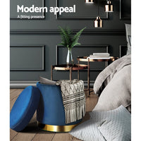 Ottoman Storage Foot Stool Round Velvet Navy Furniture Kings Warehouse