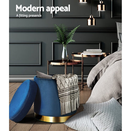 Ottoman Storage Foot Stool Round Velvet Navy Furniture Kings Warehouse