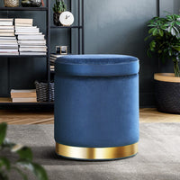 Ottoman Storage Foot Stool Round Velvet Navy Furniture Kings Warehouse
