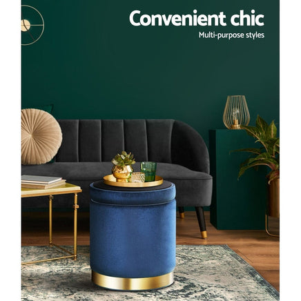 Ottoman Storage Foot Stool Round Velvet Navy Furniture Kings Warehouse