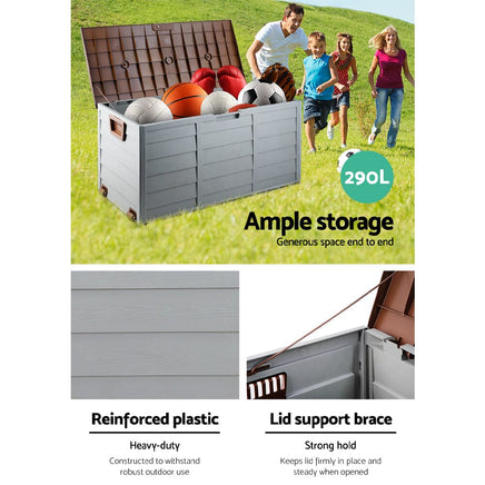 Outdoor Storage Box 290L Lockable Organiser Garden Deck Shed Tool Brown Furniture Kings Warehouse