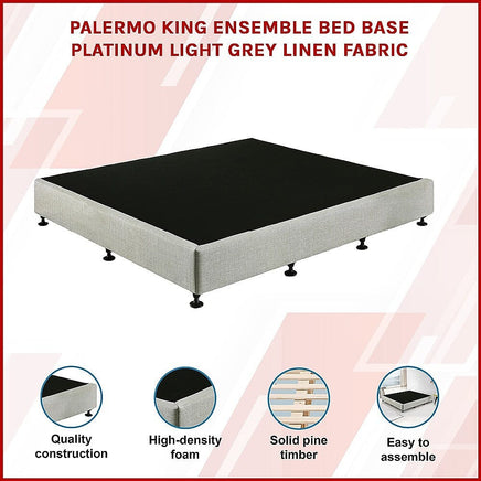 Palermo King Ensemble Bed Base Platinum Light Grey Linen Fabric Furniture Kings Warehouse