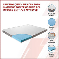 Palermo Queen Memory Foam Mattress Topper Cooling Gel Infused CertiPUR Approved Kings Warehouse 