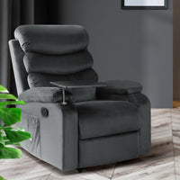 Paris Recliner Chair Armchair Lounge Sofa Chairs Couch Velvet Grey Tray Table Kings Warehouse 
