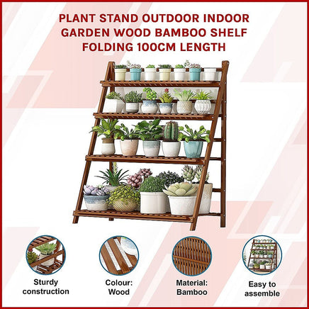Plant Stand Outdoor Indoor Garden Wood Bamboo Shelf Folding 100CM Length Home & Garden Kings Warehouse